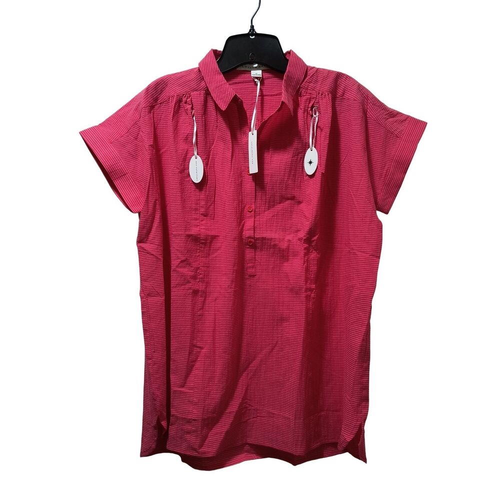 Loyal Hana Maternity Nursing Shirt M Red Striped Cotton Popover Short Sleeve NWT